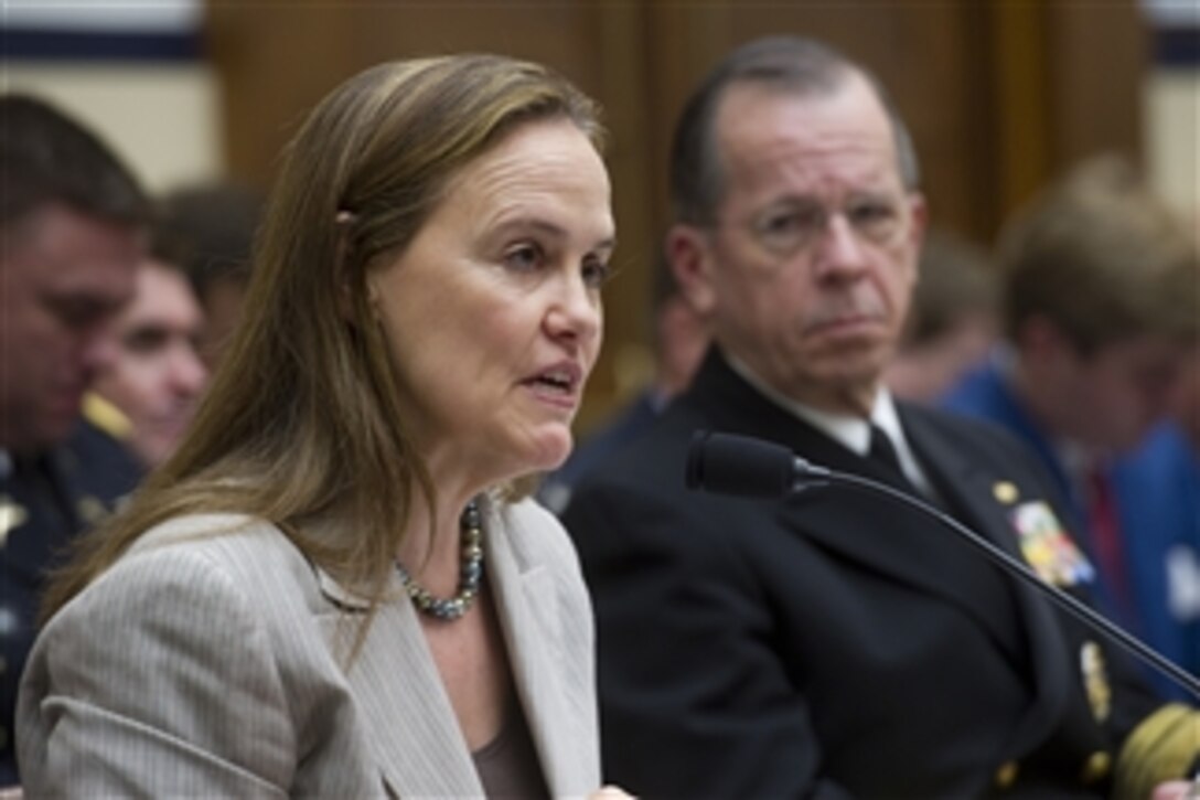 Under Secretary of Defense for Policy Michele Flournoy and Chairman of the Joint Chiefs of Staff Adm. Mike Mullen testify at a hearing of the House Armed Services Committee on Afghanistan and Pakistan at the Rayburn House Office Building in Washington, D.C., on June 23, 2011.  