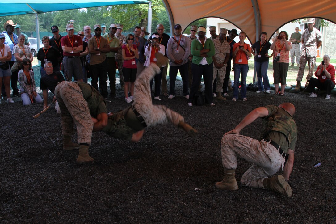 Marines with the Martial Arts Center of Excellence put on a Marine Corps Martial Arts Program demonstration for educators attending the Eastern Recruiting Region College and University Educators’ Workshop June 28. Educators with the workshop got a first-hand look at the training necessary to make a Marine officer.