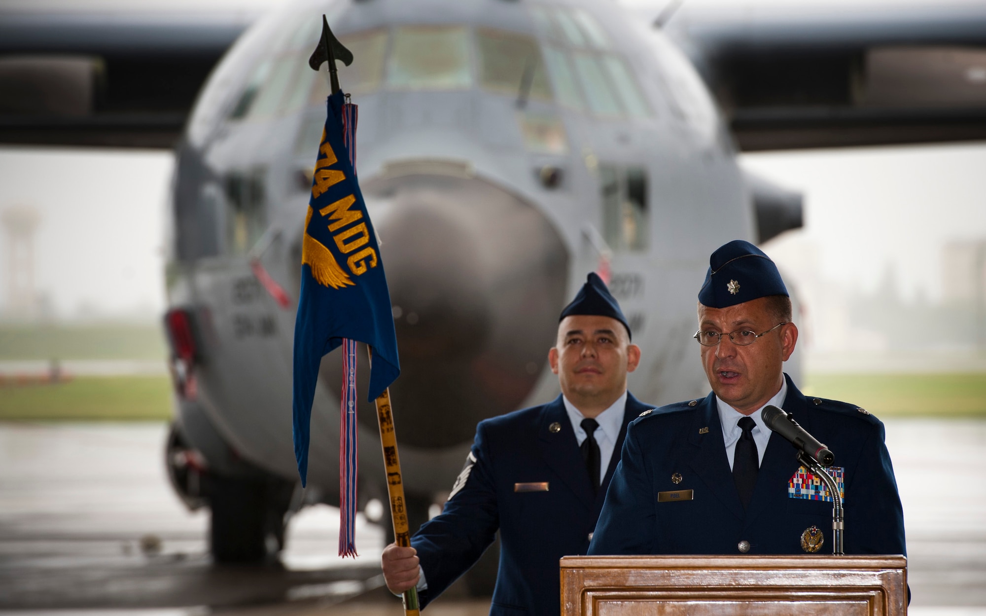 YOKOTA AIR BASE, Japan -- Lt. Col. James Poel, 374th Aerospace Mediciine Squadron commander, addresses his squadron for the first time at Yokota Air Base, Japan, June 16, 2011. Colonel Poel holds a master's degree in public health and spent the majority of his career as a public health officer for bases around the world. (U.S. Air Force photo/Staff Sgt. Samuel Morse)