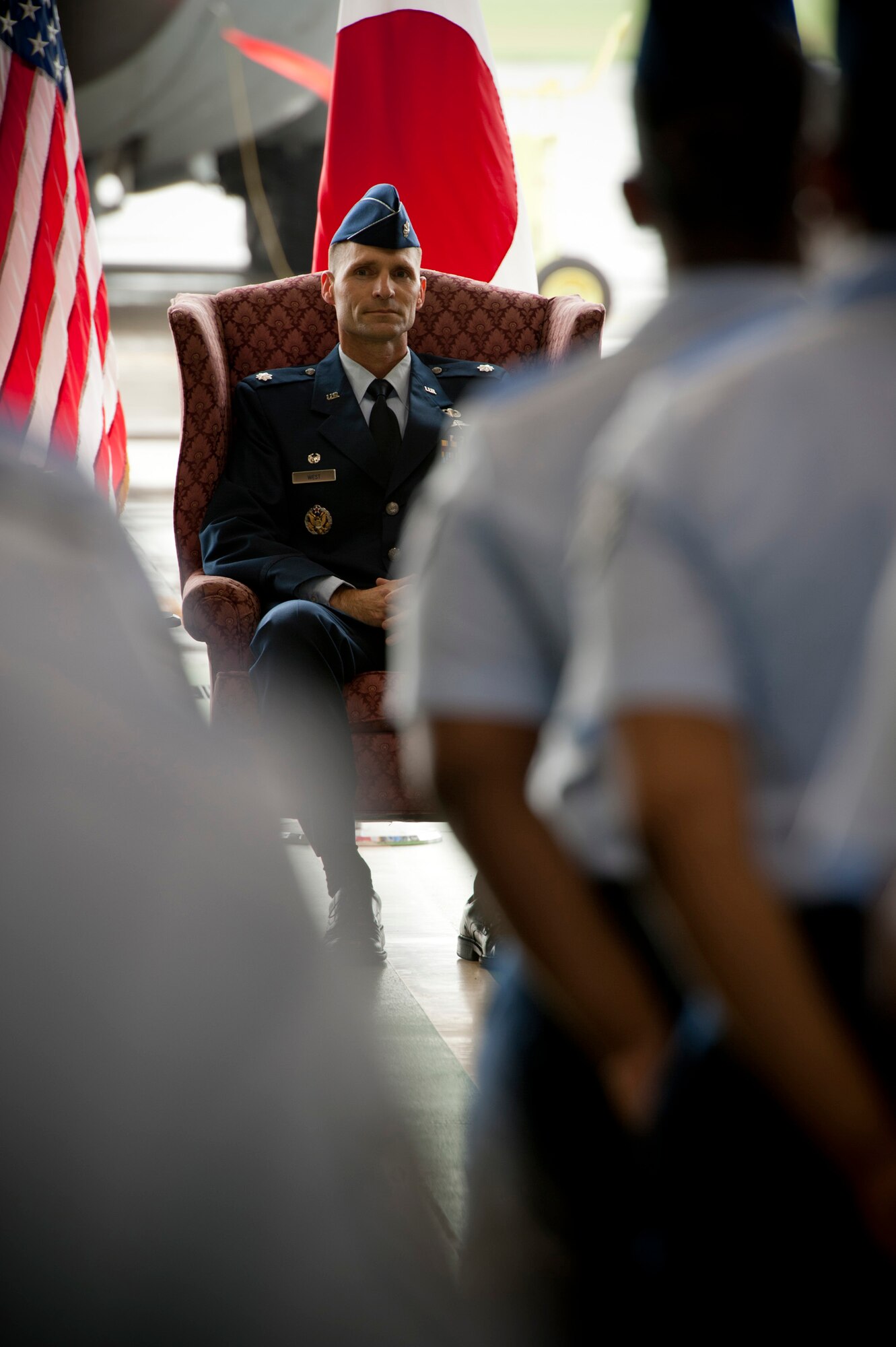 YOKOTA AIR BASE, Japan -- Lt. Col. Norman West, 374th Aerospace Medicine Squadron commander, looks at a formation of Airmen from his squadron at Yokota Air Base, Japan, June 16, 2011. Colonel West led the 374th AMDS for two years before relinquishing command to Lt. Col. James Poel. (U.S. Air Force photo/Staff Sgt. Samuel Morse)