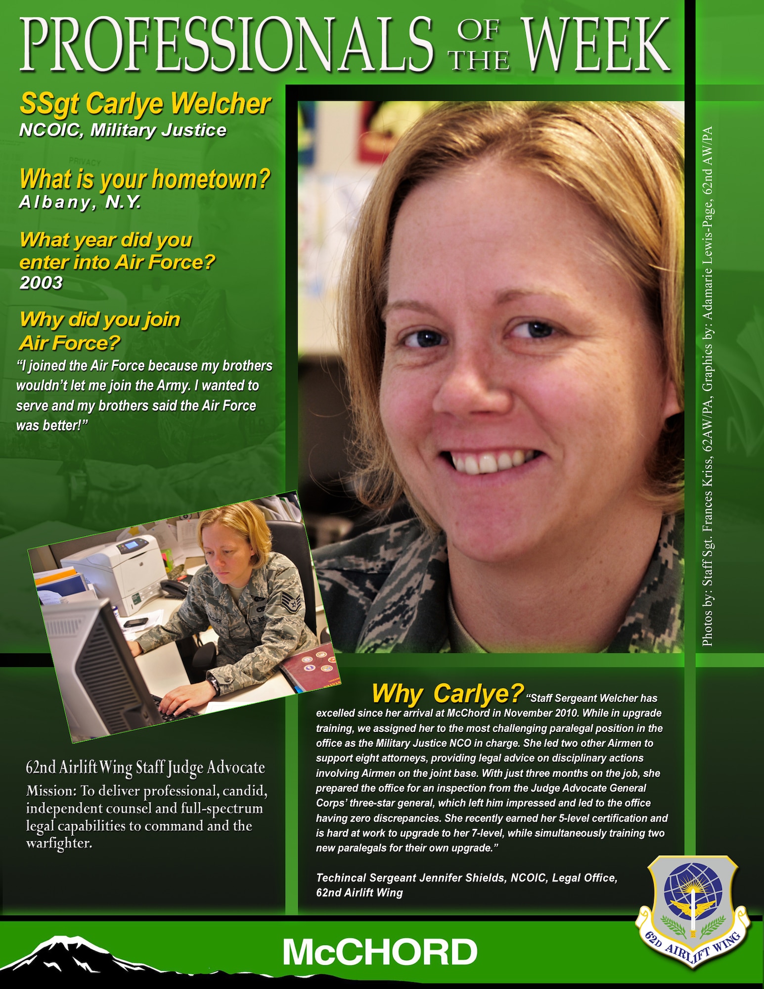 Staff Sgt. Carlye Welcher (U.S. Air Force photos/Staff Sgt. Frances Kriss) (U.S. Air Force graphic/Adamarie Lewis-Page) 
