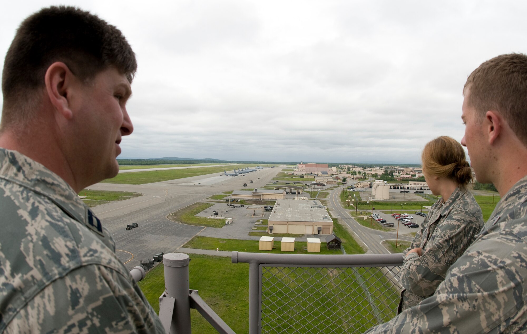 Capt. Daniel Stimpfel gives Air Force Academy cadets a tour of the air traffic control tower June 22, 2011, Eielson Air Force Base, Alaska. Cadets rotated jobs during their three weeks at Eielson getting a glimpse of possible Air Force careers. Captain Stimpfel is the 354th Airfield Operations flight commander. (U.S. Air Force photo/Senior Airman Rachelle Coleman)
