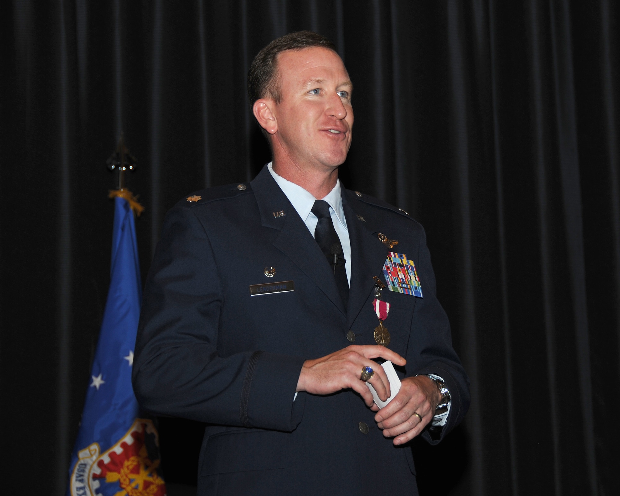 Lt. Col. David Lenderman, former commander of the
421st Combat Training Squadron, addresses the squadron for a final time
during the 421st CTS change-of-command ceremony June 24 at the U.S. Air
Force Expeditionary Center on Joint Base McGuire-Dix-Lakehurst, N.J. (U.S.
Air Force photo by Staff Sgt. Nathan Bevier/Released)
