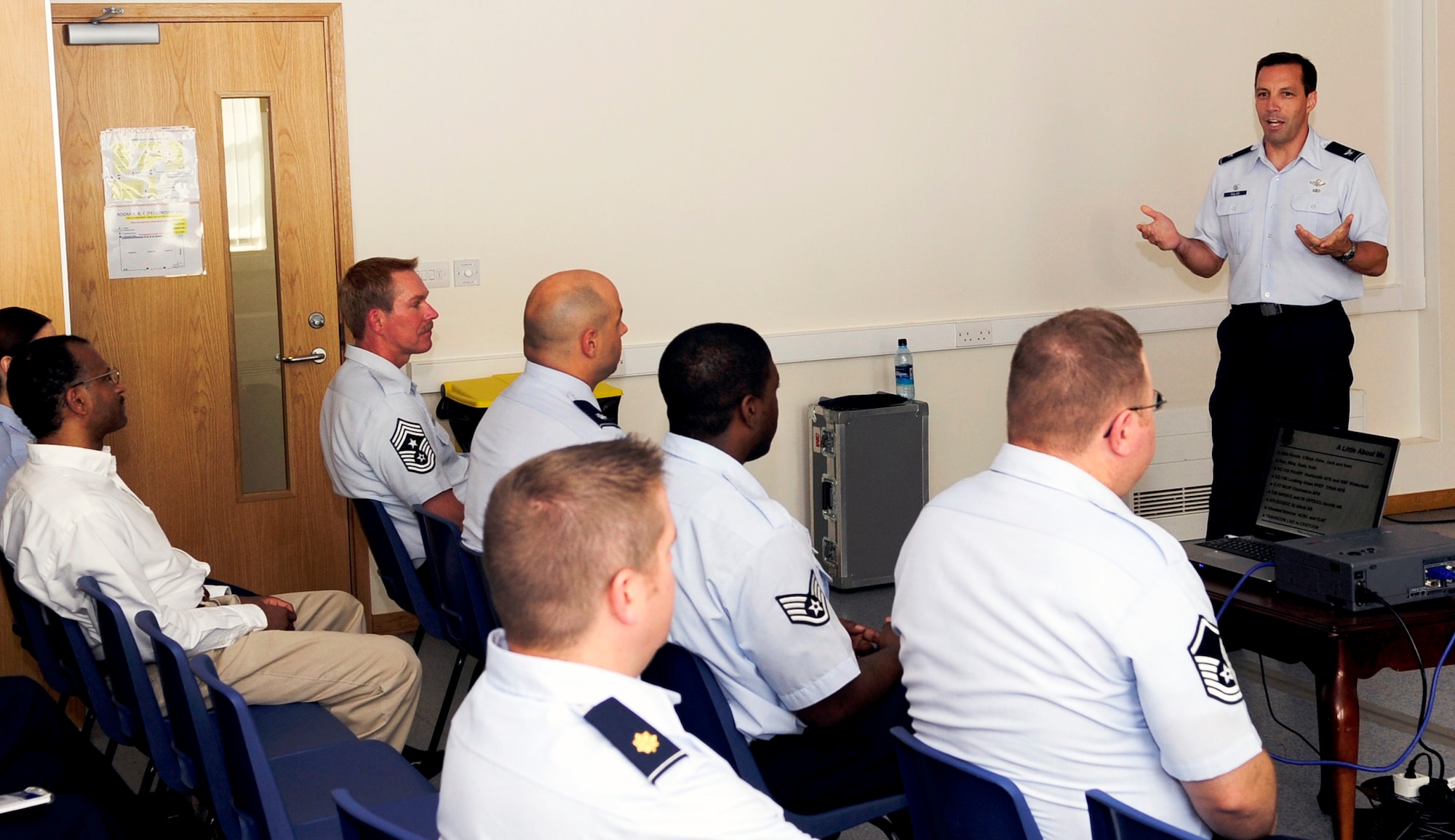 RAF MILDENHALL, England – Col. Christopher Kulas, 100th Air Refueling Wing commander, holds his first commander’s call for members of the wing staff agencies at the base chapel June 27, 2011.  The commander’s call was one of five that Colonel Kulas held around base to discuss his priorities and expectations for wing personnel.  (U.S. Air Force photo/Senior Airman Ethan Morgan)