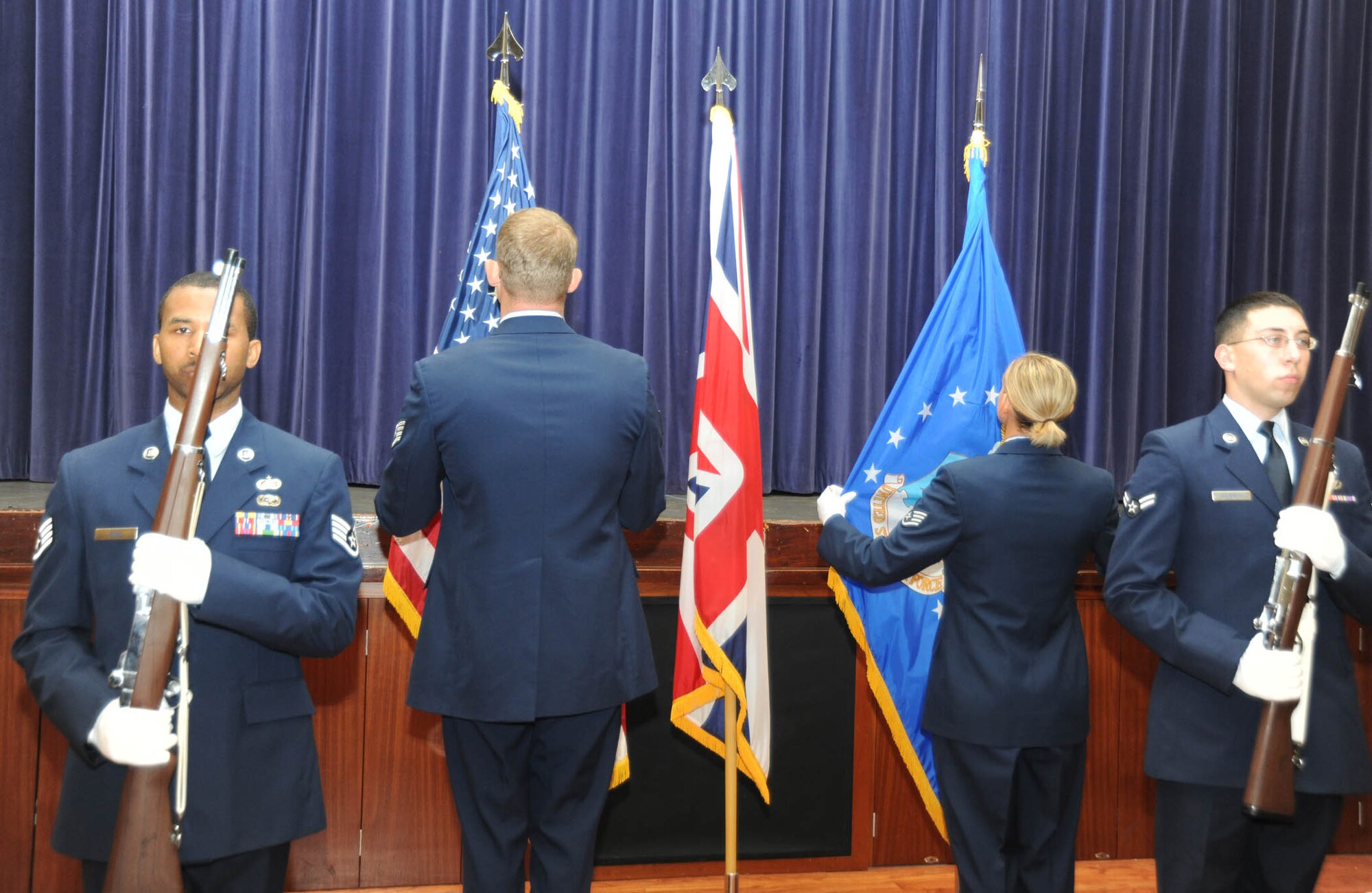 The Croughton Honor Guard post the colors for the 422nd Security Forces change of command ceremony at RAF Croughton June 27.
