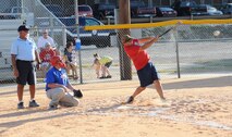 LAUGHLIN AIR FORCE BASE, Texas – Tech. Sgt. Terry Logston, 47th Civil Engineer Squadron, hits a ball during the championship game of the Laughlin intramural softball league. The 47th CES team beat the 47th Security Forces Squadron/Force Support Squadron team 17 to 12 to claim the championship. (U.S. Air Force photo by Airman 1st Class Blake Mize)