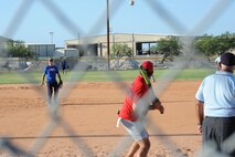 LAUGHLIN AIR FORCE BASE, Texas – Master Sgt. Robert Vachon, 47th Security Squadron, pitches a ball to Jesse Martinez, of the 47th Civil Enginner Squadron team, during the championship game of the Laughlin intramural softball league. The 47th CES team beat the 47th Security Forces Squadron/Force Support Squadron team 17 to 12 to claim the championship. (U.S. Air Force photo by Airman 1st Class Blake Mize)