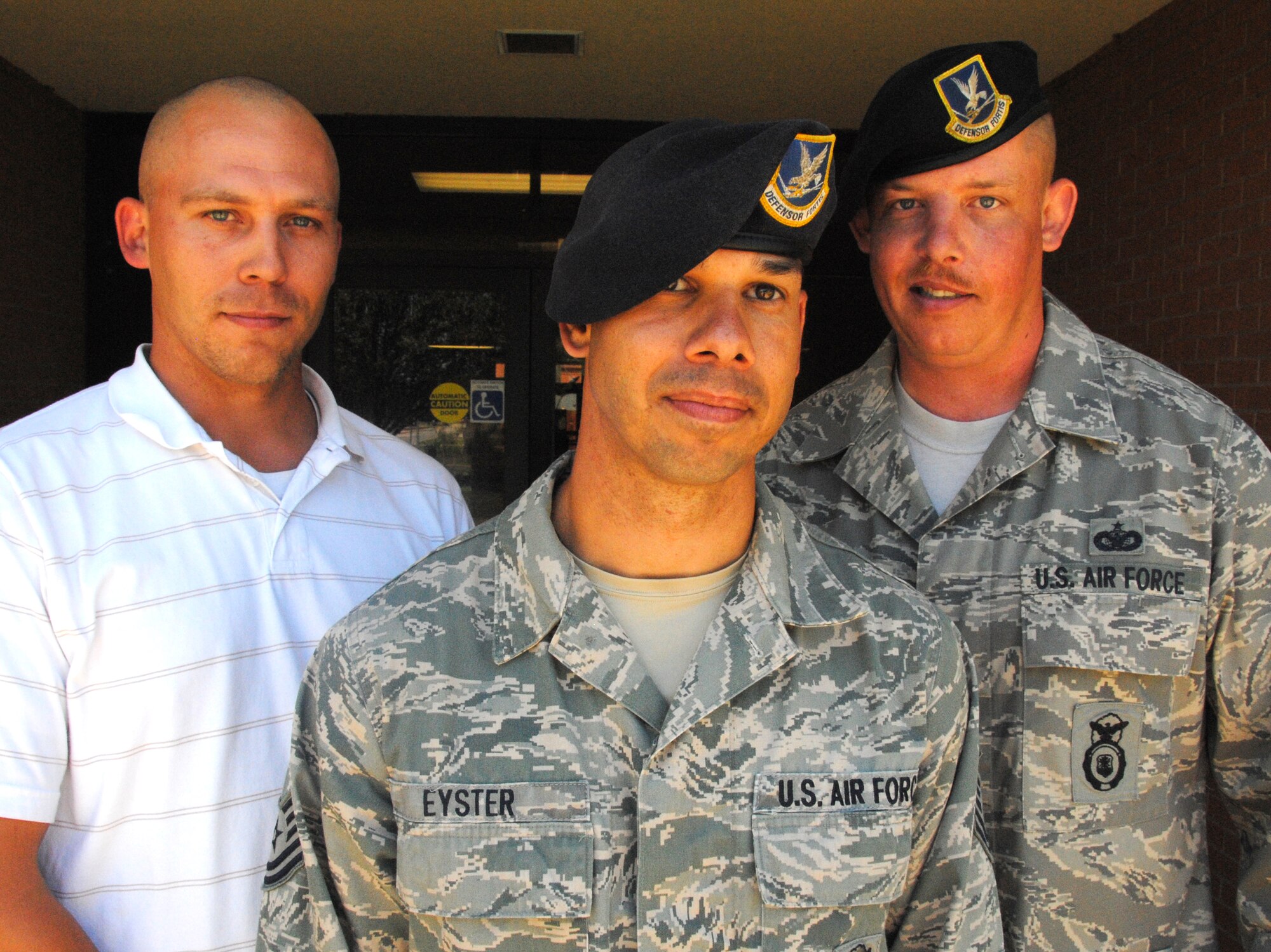 David Harris, left, Tech. Sgt. Gary Eyster Jr., center, and Tech. Sgt. Matthew Bowling, all with the 71st Security Forces Squadron, were named Warriors of the Week at Vance AFB. (U.S. Air Force photo/ Zach Sproul)