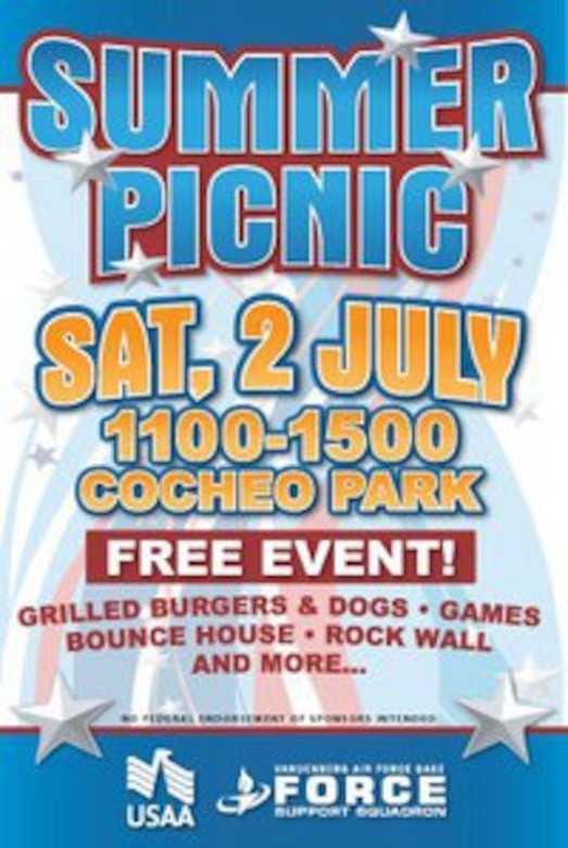 VANDENBERG AIR FORCE BASE, Calif. - The 30th Force Support Squadron is scheduled to host the annual Independence Day picnic here from 11 a.m. to 3 p.m. at Cocheo Park July 2. (Courtesy graphic)  