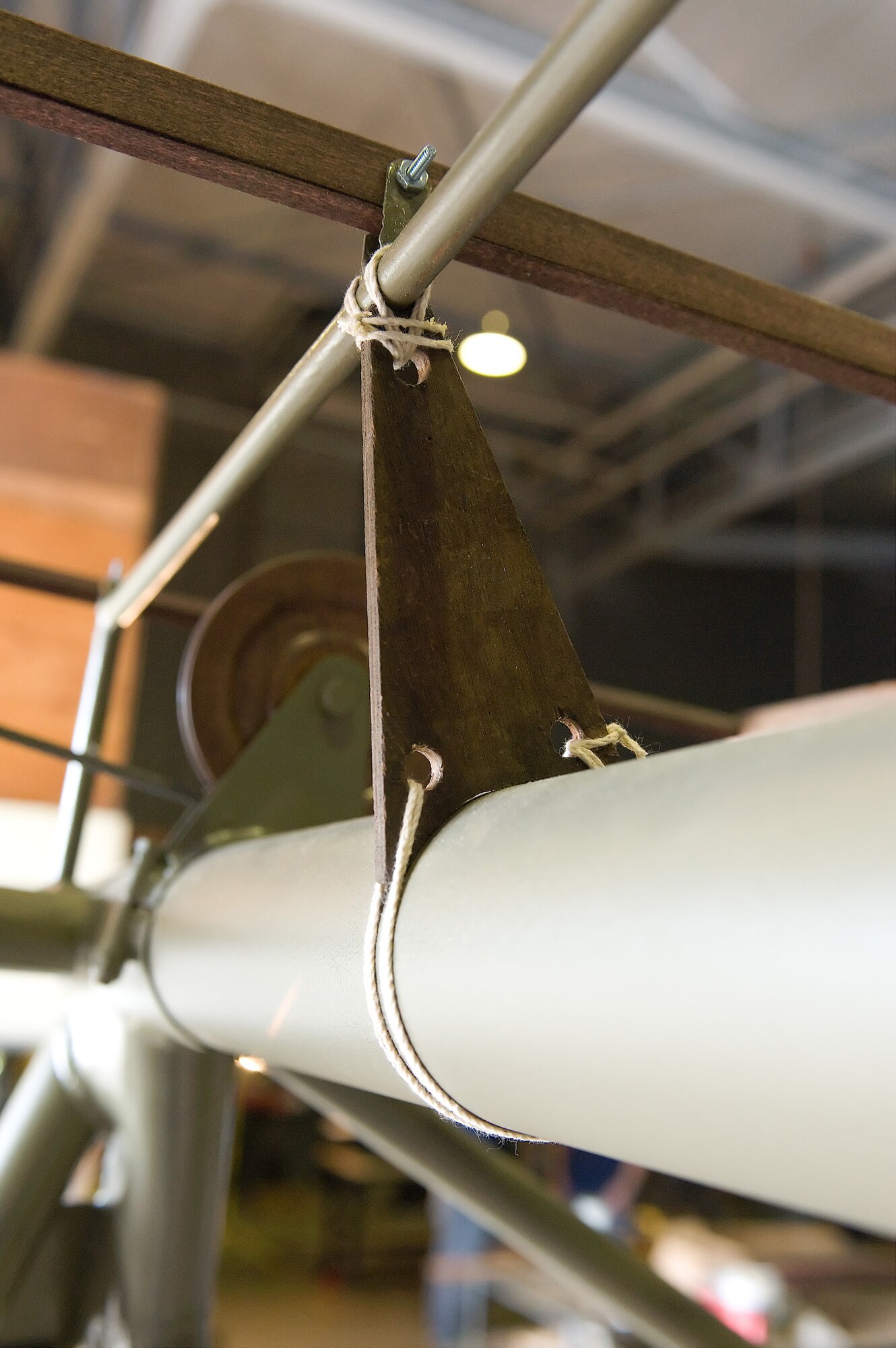 Strings hold the frame of a Waco CG-4A Combat Glider together June 23, 2011, at the Air Mobility Command Museum at Dover Air Force Base, Del. The restorers pay special attention to design details to recreate a historically accurate aircraft. (U.S. Air Force photo/Steve Kotecki)