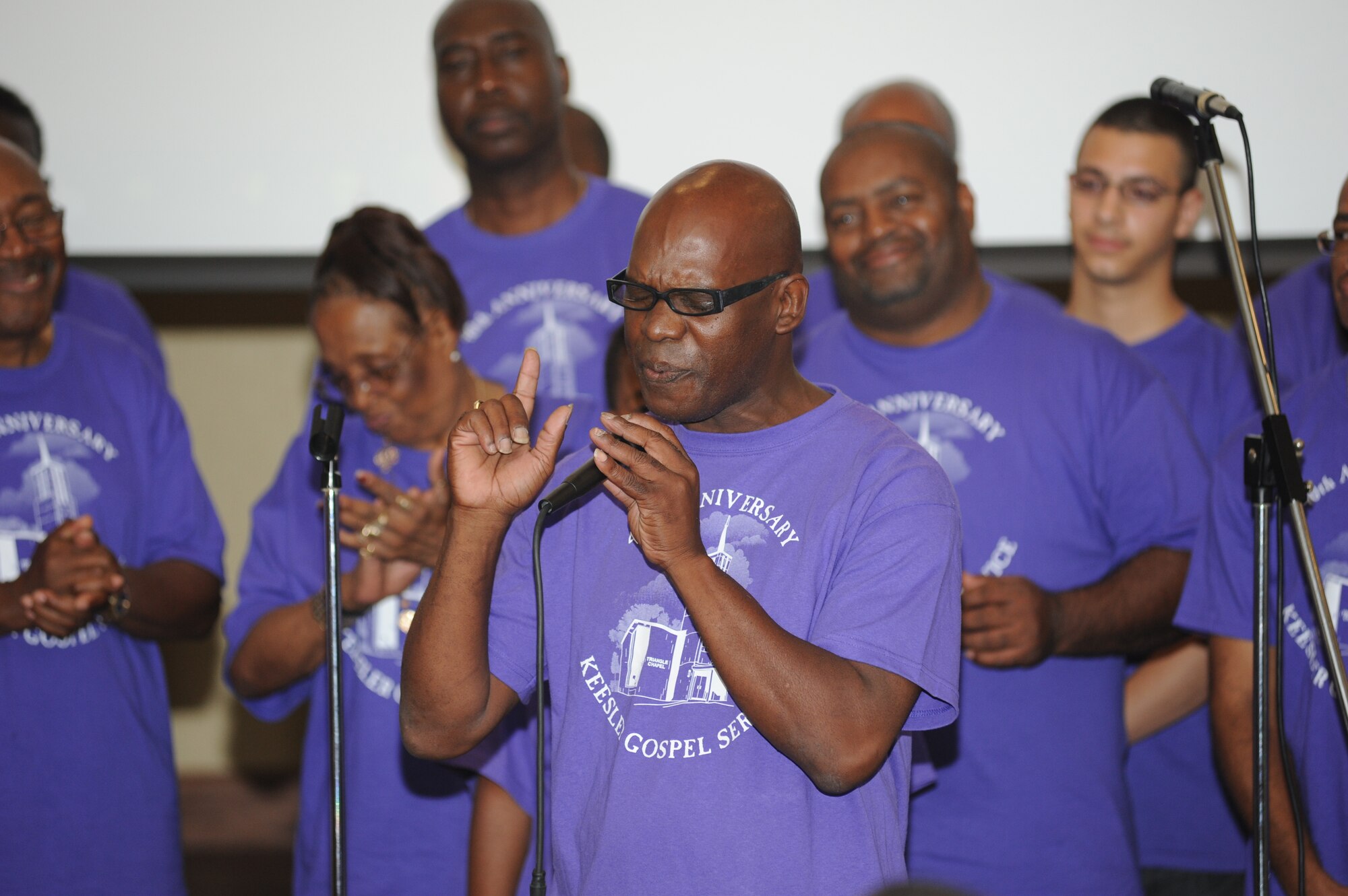 Minister Eddie Franklin, former member of the Keesler Gospel Service Choir, sings a solo, “I Won’t Complain,” at the 40th anniversary worship service Sunday at the Bay Breeze Event Center. Franklin currently serves as an associate pastor at Main Street Baptist Church in Biloxi. The Keesler Gospel Service is the oldest continuously running gospel service in the Air Force. The guest speaker was Florida Civil Air Patrol Wing Chaplain (Lt. Col.) Marcus Taylor. The four-day celebration also included a fellowship reunion, praise service, picnic, prayer walk and a formal gala.  (U.S. Air Force photo by Kemberly Groue)