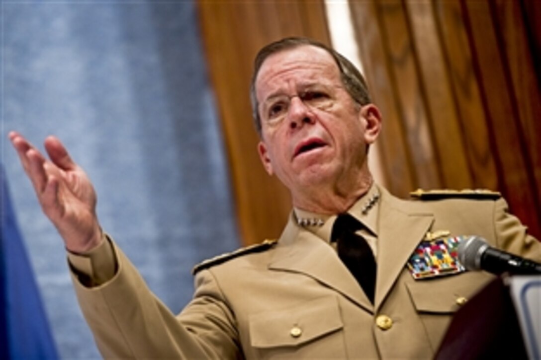 Navy Adm. Mike Mullen, chairman of the Joint Chiefs of Staff, addresses conference members at the launch of the Fund for Peace and Business Executives for National Security 2011 Failed States Index at the National Press Club in Washington, D.C., June 29, 2011. In its seventh year, the index takes 12 indicators, from refugees to poverty and security threats, to rate the 177 countries on their stability.