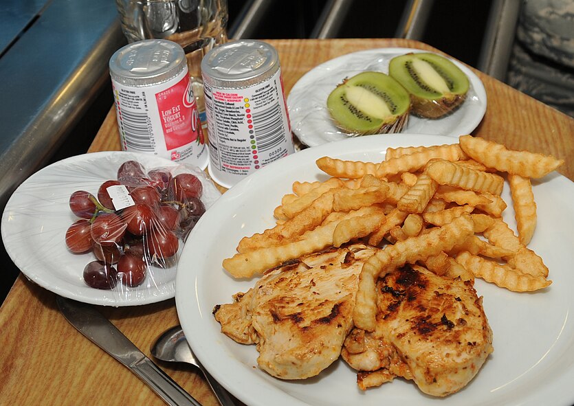 A meal is served in the Red River Dining Facility on Barksdale Air Force Base, La., June 29. The dining facility serves approximately 550 people per day, and offers healthy food choices for breakfast, lunch and dinner. (U.S. Air Force photo/Senior Airman Kristin High)(RELEASED)