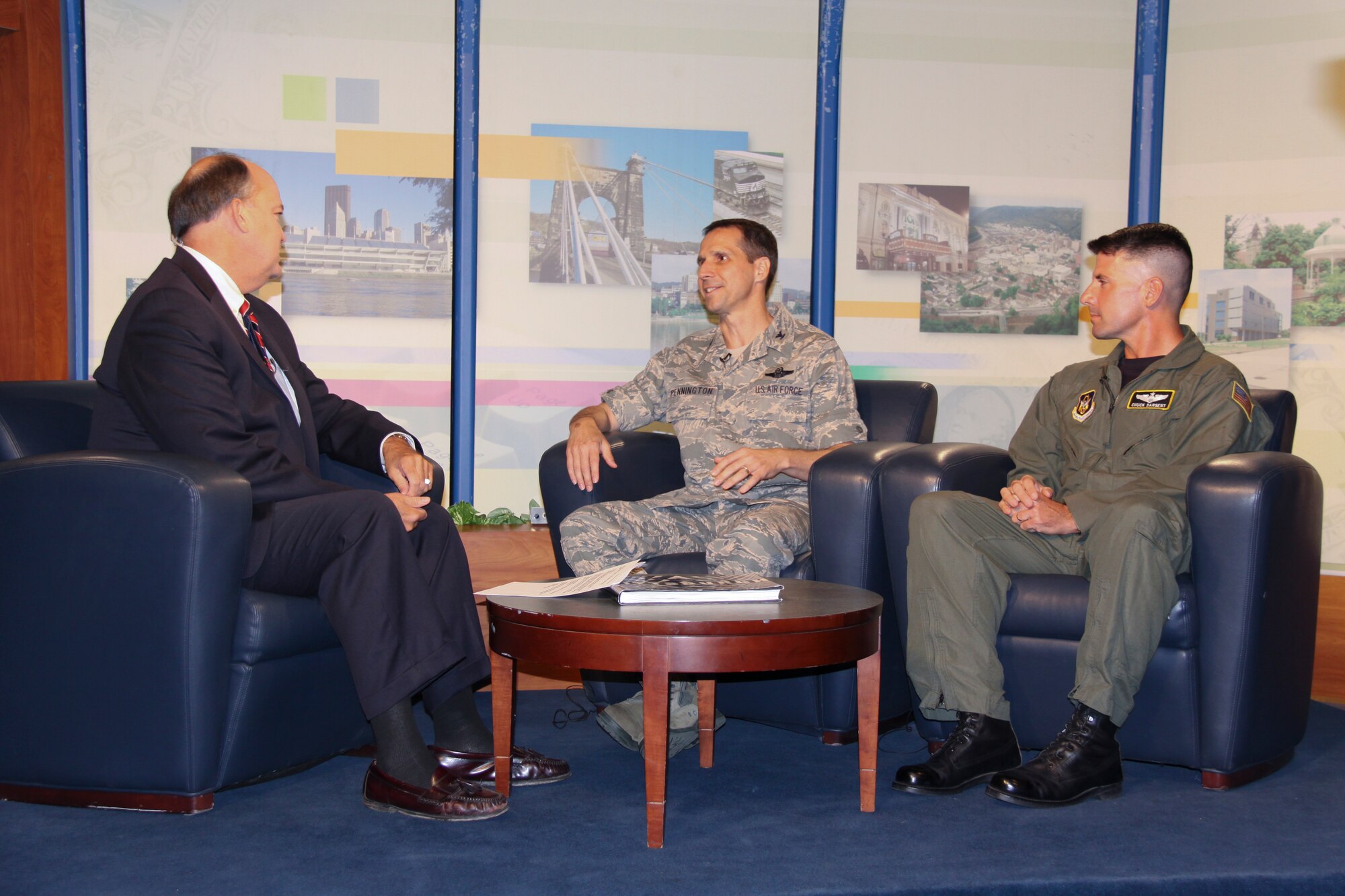 Bill Flanagan, host of Our Region’s Business, interviews Col. Jeffrey T. Pennington, 911th Airlift Wing commander, and Lt. Col. Chuck Sargent, air show director, about this year’s Wings Over Pittsburgh. The interview is expected to air in late August.  For information concerning this year’s air show visit: www.wingsoverpittsburgh.com or www.facebook.com/911aw. (U.S. Air Force photo/by Master Sgt. Mark A. Winklosky)