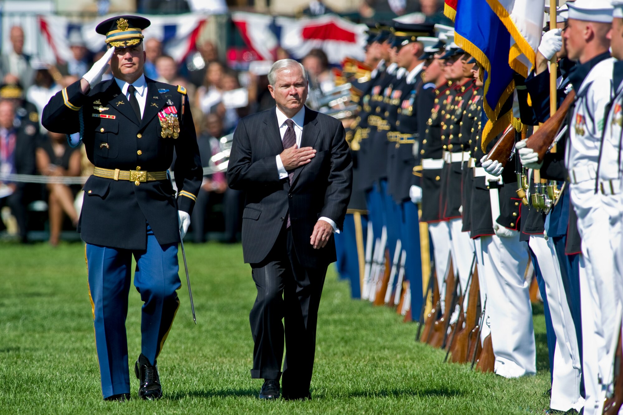 Defense Secretary Robert M. Gates reviews troops at the Armed Forces Farewell Tribute at the Pentagon, June 30, 2011. (Defense Department photo/Petty Officer 1st Class Chad J. McNeeley)