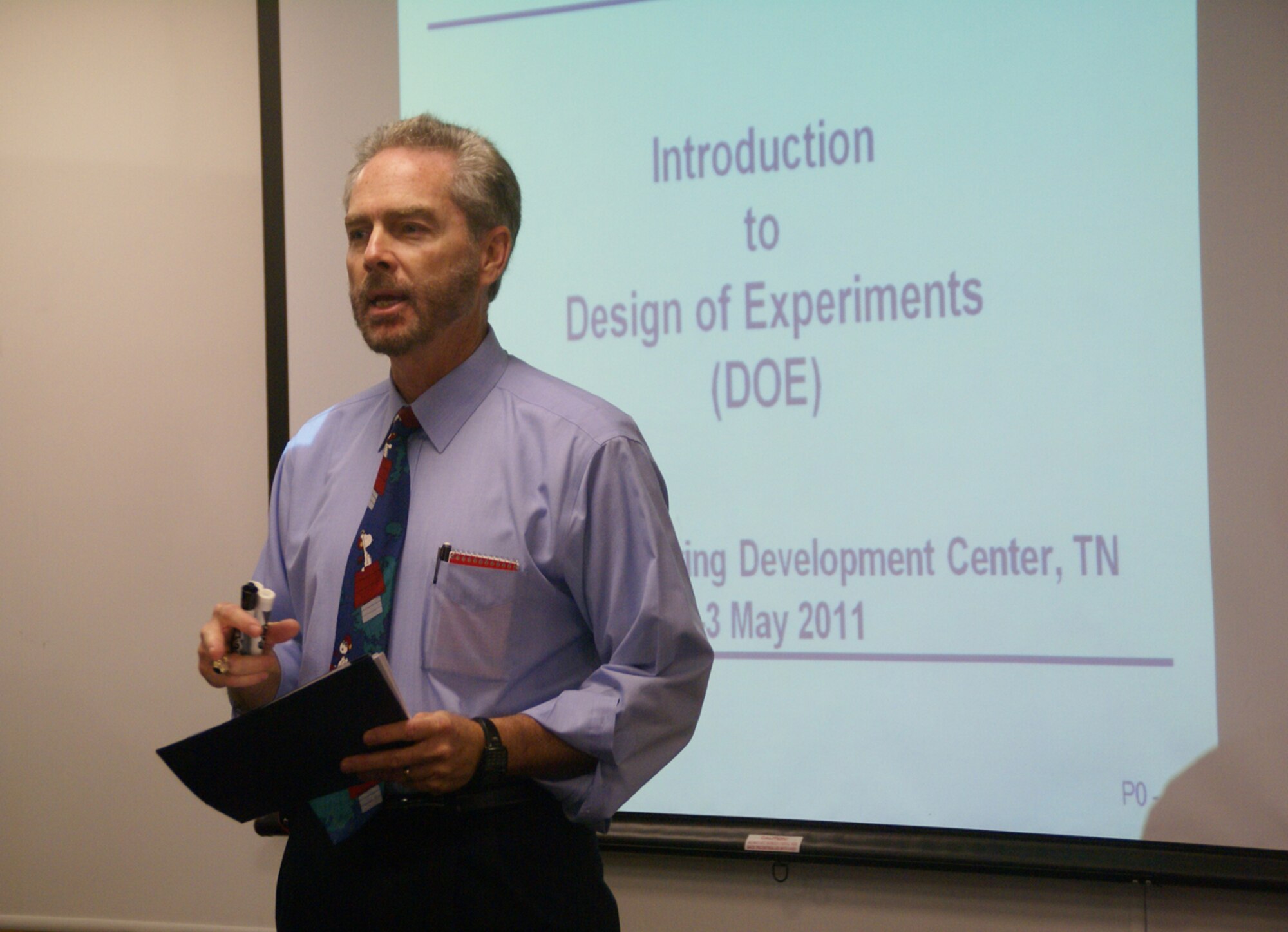 Jerry Kitchen, technical director for the Science of Test Engineering and Technical Management Office, provides opening remarks and introduces the class to the instructor of AEDC’s second DOE introductory course, held at the University of Tennessee Space Institute. (Photo by Philip Lorenz III)