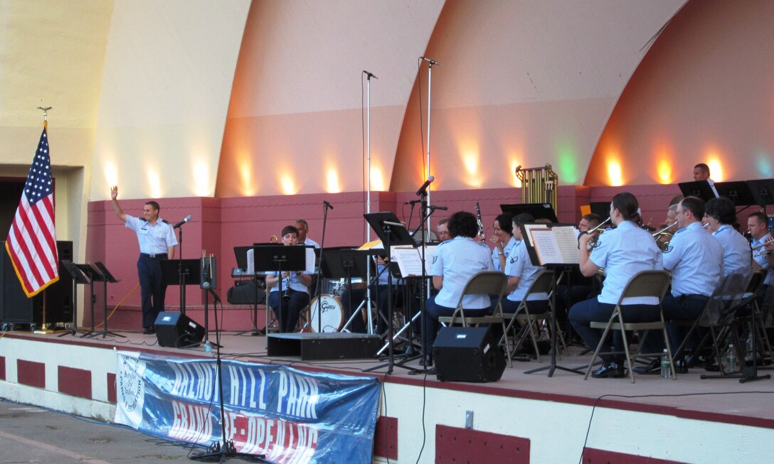 New Britain, CT:  2Lt Steven Ortiz takes the stage for his first Air Guard Band performance.   Lt Ortiz was commissioned in December 2010, assumed command of the Band in February 2011, and as been working on this year's summer tour since April.  The Band started their 2011 tour at the Darius Miller Bandshell at Walnut Hill Park.