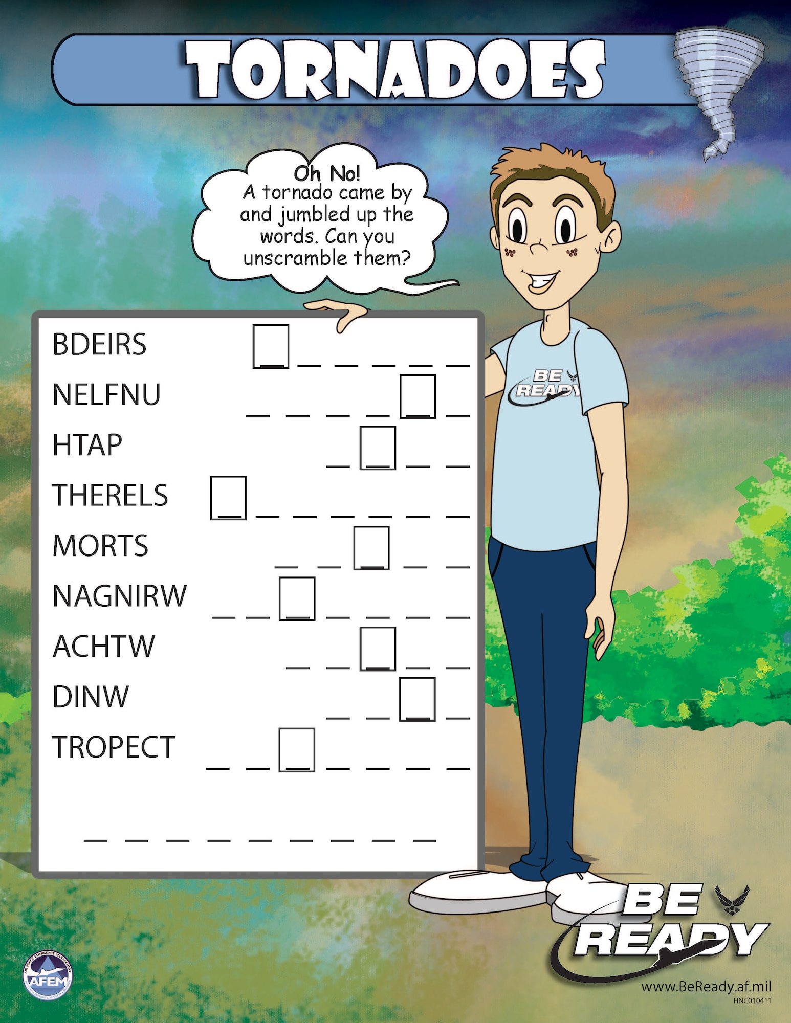 Word search activity sheet for kids 8 and above on Tornadoes - HNC010411
