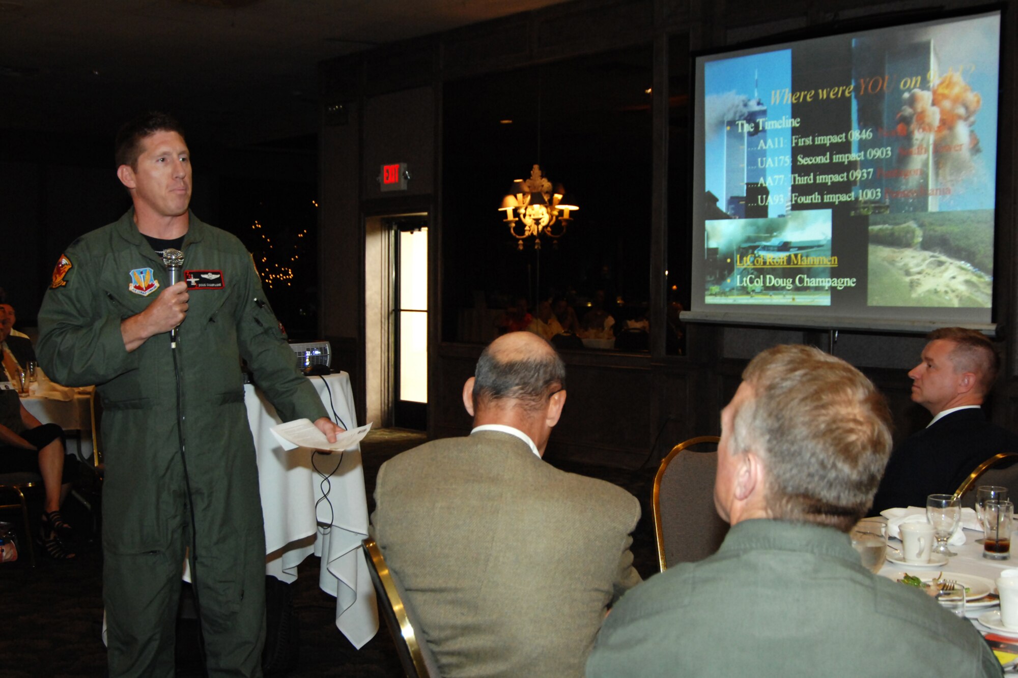 Lt. Col. Doug Champagne, commander of the 107th Fighter Squadron, Selfridge Air National Guard Base, Mich., recalls his experiences on Sept. 11, 2001, during a June 21, 2011, meeting of the Selfridge Base Community Council. Champagne was airborne in an F-16 Falcon, returning from a morning target practice mission, when the terror attacks occured. At far right is Lt, Col. Rolf Mammen, also a pilot with the Michigan Air National Guard, wore his United Airlines pilot uniform to the meeting and recalled his experiences that day flying in a United airliner, bound for New York. (USAF photo by Rachel Barton, 127th Wing Public Affairs)
