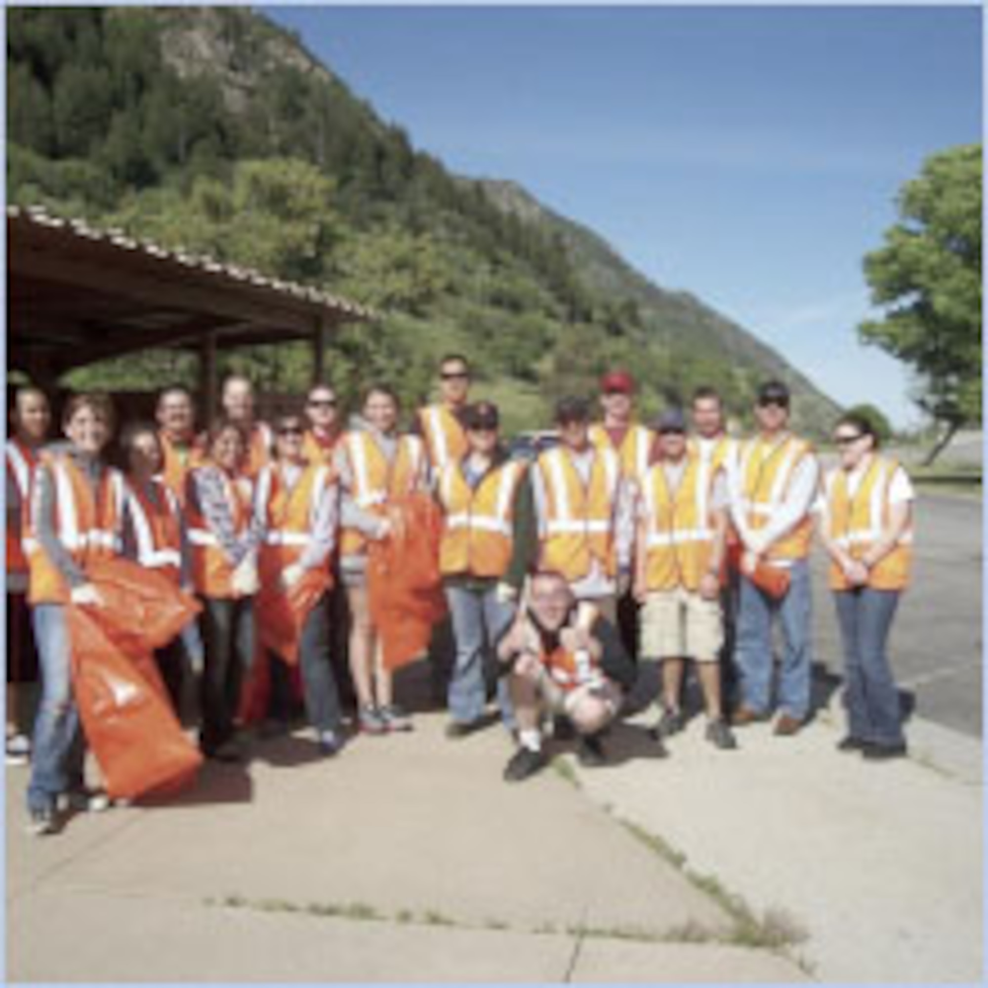 The 75th Medical Group's combat medics took some time to contribute to surrounding communities by adopting a section of Interstate 84 and picking up litter June 18. Here the medics pose for a group photo as they begin their efforts. (Courtesy photo)