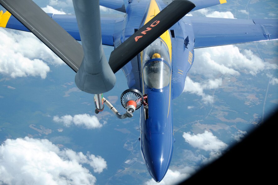 McGHEE TYSON AIR NATIONAL GUARD BASE, Tenn. - A Tennessee Air National Guard KC-135R Stratotanker from the 134th Air Refueling Wing refuels the U.S. Navy Blue Angels over Delaware, June 22, 2011.  (U.S. Air Force photo by Master Sgt. Kurt Skoglund/Released)