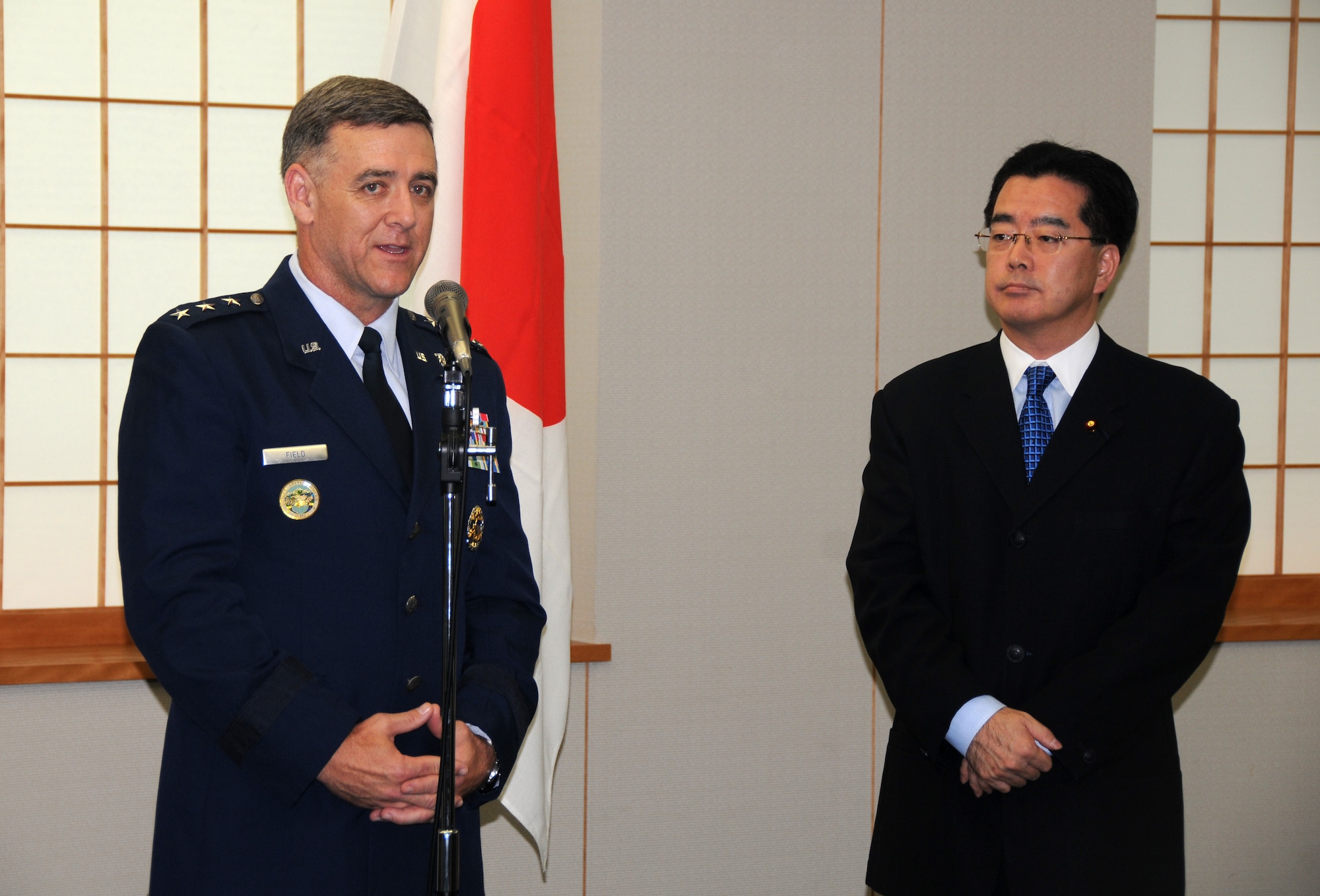 YOKOTA AIR BASE, Japan – Lt. Gen. Burton Field (left), U. S. Forces Japan and 5th Air Force commander, gives a speech after a Commemorative Shield Presentation Ceremony at the Ministry of Foreign Affairs, Tokyo, Japan, June 30, 2011. High ranking officials from the Army, Air Force and Navy were presented with commemorative shields in appreciation for their roles in Operation Tomodachi. (U.S. Air Force photo/Airman 1st Class Katrina R. Menchaca)