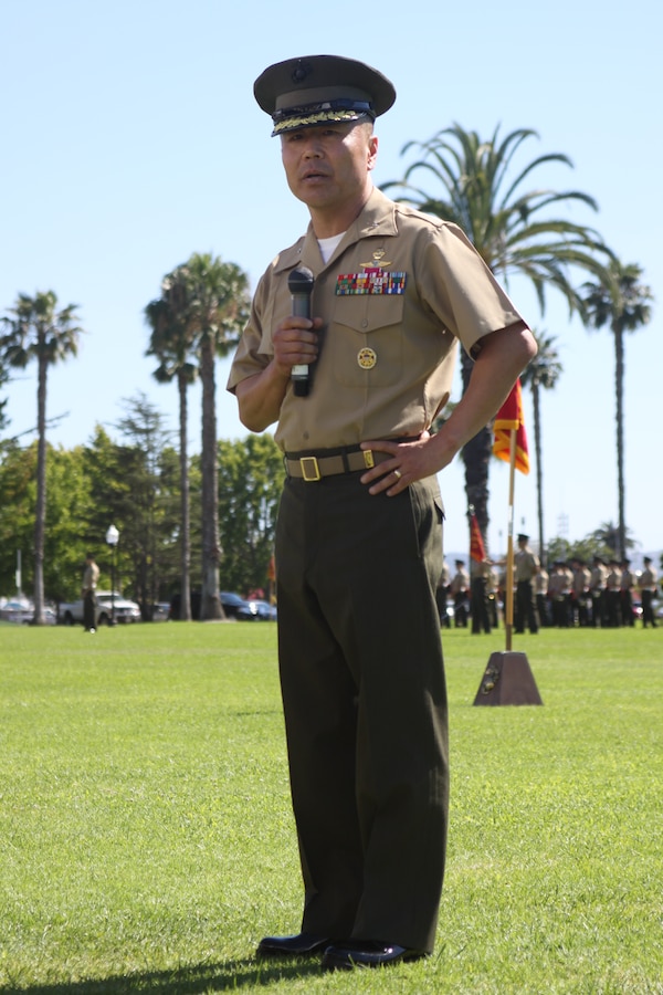 Brig. Gen. Daniel D. Yoo, Marine Corps Recruit Depot San Diego's commanding general, speaks to those in attendance after a change of command ceremony on the commanding general’s lawn, June 30.