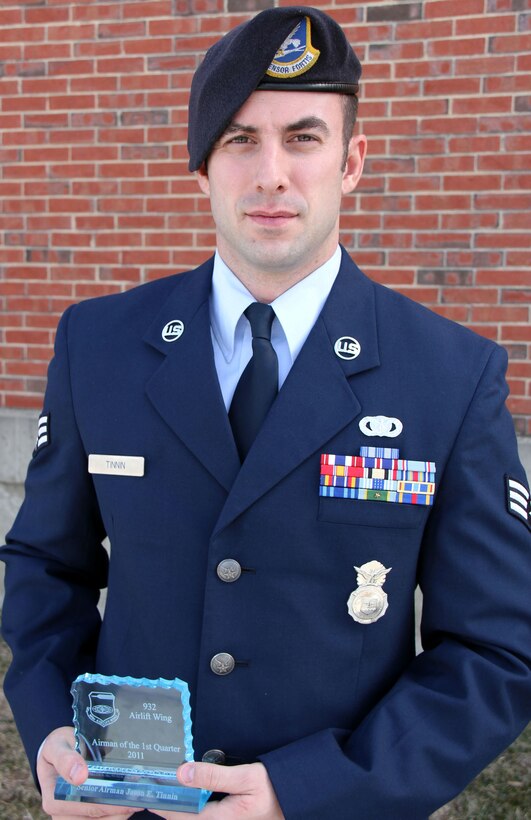 Senior Airman Jason Tinnin was  named the 932nd Airlift Wing Airman of the Quarter (first) for 2011.  Airman Tinnin is assigned to the 932nd Security Forces Squadron which was officially activated in January.  The 932nd AW is  an Air Force Reserve unit that flies the C-40 and C-9C aircraft.  (U.S. Air Force photo/Tech. Sgt. Dan Oliver)