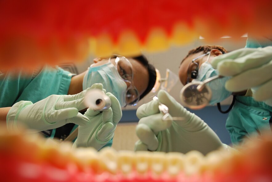 HOLLOMAN AIR FORCE BASE, N.M. -- Senior Airman Carlynn Caraang, a dental technician with the 49th Medical Group Dental Clinic, is trained by Staff Sgt. Tomeka Jones, a hygienist also with the clinic, on a false set of teeth. Good oral health and hygiene are important components of physical fitness and combat readiness. The Air Force establishes and maintains comprehensive programs which help ensure maximum readiness by preventing and treating dental diseases. (Photo courtesy of the 49th Medical Group Dental Clinic)