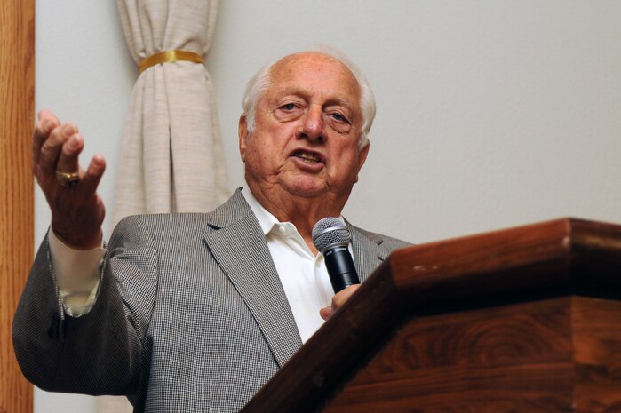 NELLIS AIR FORCE BASE, Nev. -- Tommy Lasorda, former Los Angeles Dodger manager and National Baseball Hall of Fame inductee, talks about the U.S. baseball team winning the gold medal against the heavily favored Cuban National team at the 2000 Summer Olympics in Sydney during his speech for the National Day of Prayer Breakfast held at the Nellis Club Feb. 23. (U.S. Air Force photo by Airman 1st Class Daniel Hughes)