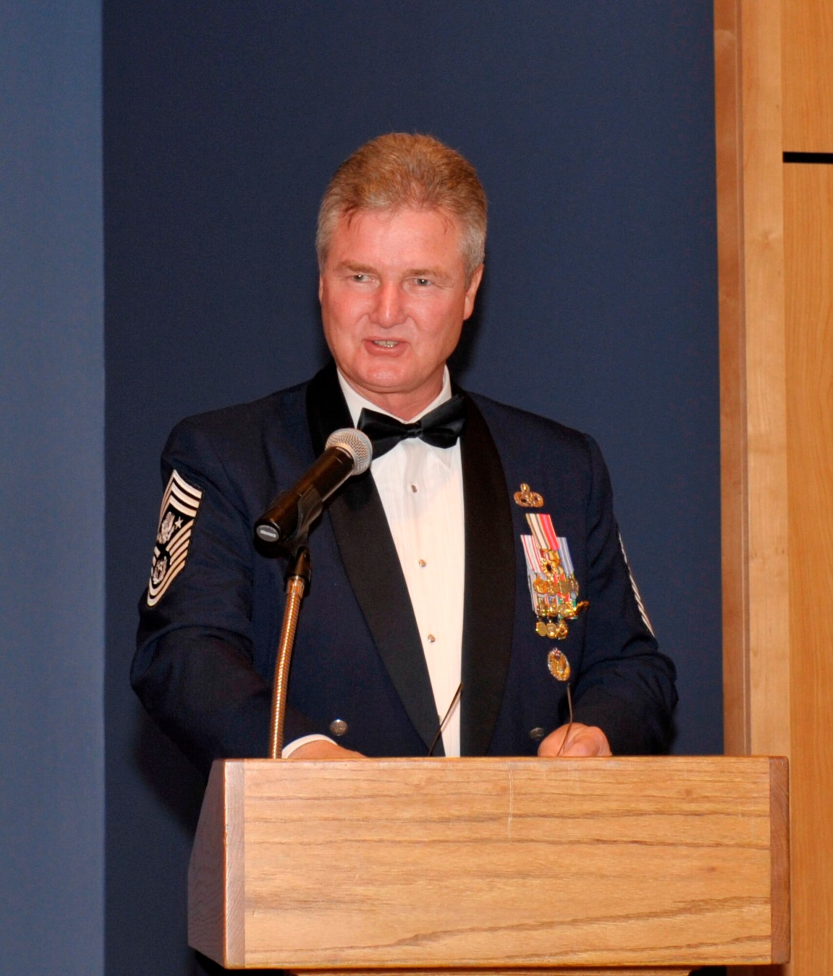 Retired Chief Master Sgt. of the Air Force, Gerald R. Murray speaks at the 2011 Chief Master Sergeant Recognition Ceremony. He was the 14th chief master sergeant appointed to the highest noncommissioned officer position in the Air Force, Chief Master Sergeant of the Air Force. He was appointed to the position July 1, 2002 and retired from the Air Force October 1, 2006. He served 29 years and has been held many assignments throughout the United States and the world. 