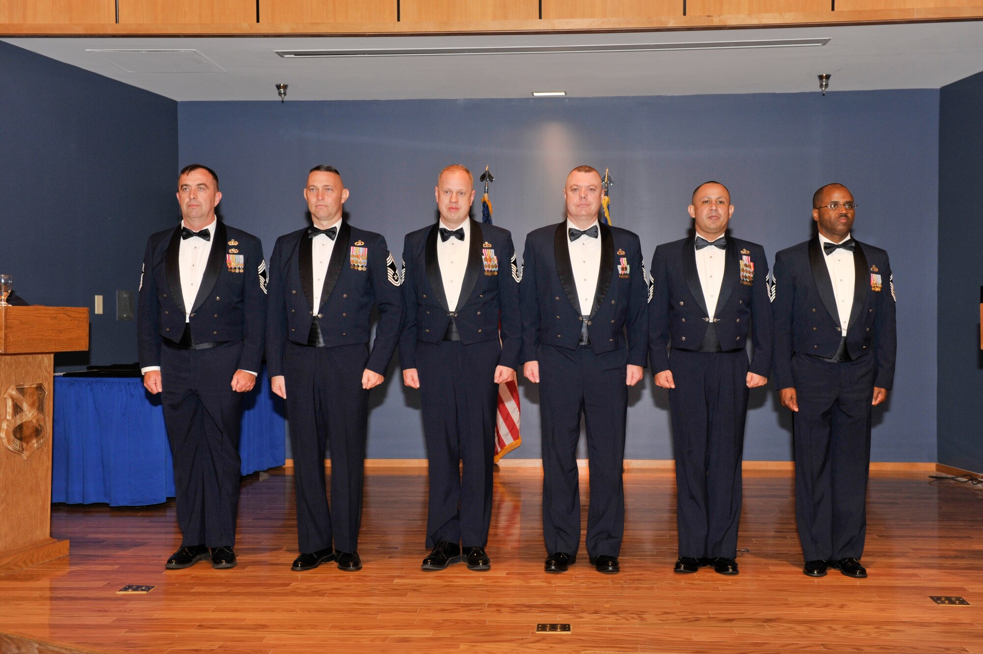 (From left to right) Tyndall's newest chiefs and chief master sergeants: Chief Master Sgt. Timothy Griffin, 325th CS; Chief Master Sgt. Joseph Sluder, 1st Air Force, Air Forces Northern; Chief Master Sgt. (Sel.) Charles Nichols, Jr., 325th Operations Support Squadron; 325th Maintenance Operations Squadron; Chief Master Sgt. (Sel.) Donald Richardson, 325th Aircraft Maintenance Squadron; Chief Master Sgt. (Sel.) Paul Figueroa, 325th Communications Squadron; and Chief Master Sgt. (Sel.) Michael Rabb. (U.S. Air Force photo/Jonathan Gibson) 