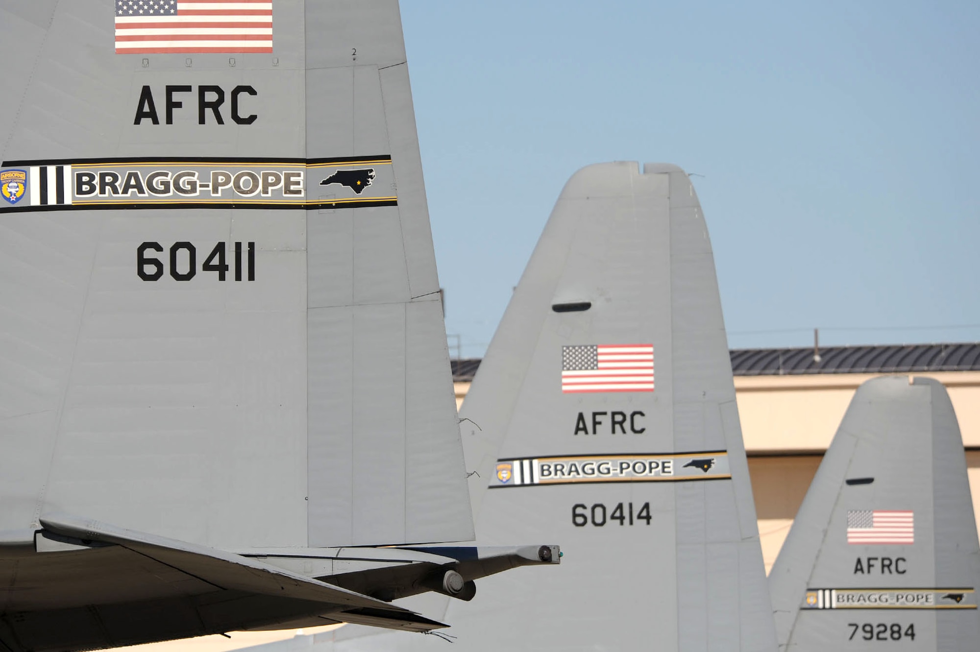 The C-130 Hercules aircraft displays the Fort Bragg-Pope Field tail flashing of the 440th Airlift Wing at Field, N.C. The former air force base was redesignated Pope Field March 1, 2011. (U.S. Air Force photo/Staff Sgt. Peter R. Miller)