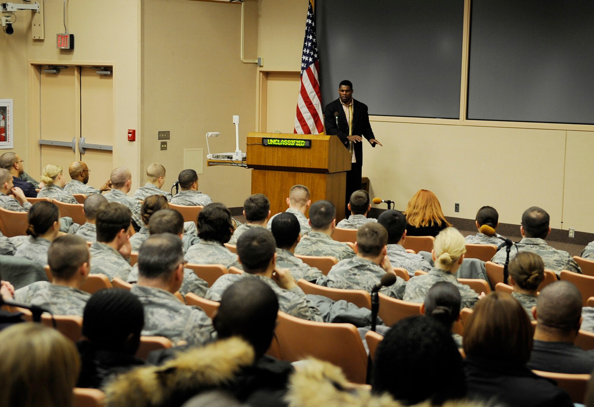 Herschel Walker speaks to Airmen Feb. 24, 2011 Eielson Air Force Base, Alaska. Mr. Walker is an advocate speaker for seeking help with mental illness.  Mr. Walker is a former Heisman Trophy winner and NFL champion who was recently diagnosed with Dissociative Personality Disorder. (U.S. Air Force photo/Airman 1st Class Laura Goodgame) 