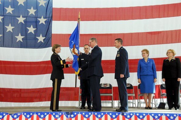 Col. Mark E. Bartman relinquishes command of the 180th Fighter Wing during a change of command ceremony Feb. 12 at the 180th Fighter Wing.
