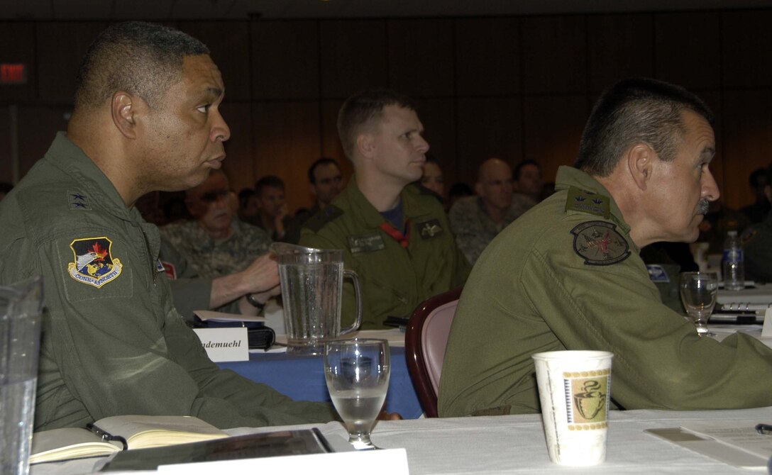 (Left to right) Maj. Gen. Garry C. Dean, Continental U.S. North American Aerospace Defense Command Region-1st Air Force and Air Forces Northern commander; Brig. Gen. Christopher Coates, CONR deputy commander; and Lt. Gen. J.M. Duval, NORAD deputy commander, listen during the Senior Statesmen Panel Feb. 24. The panel, which featured three retired generals who figured prominently in the shaping of 1st AF, was the highlight of the 1st AF Commander’s Conference held at the Horizons Community Center at Tyndall Air Force Base, Fla. (U.S. Air Force photo by Angela Pope)