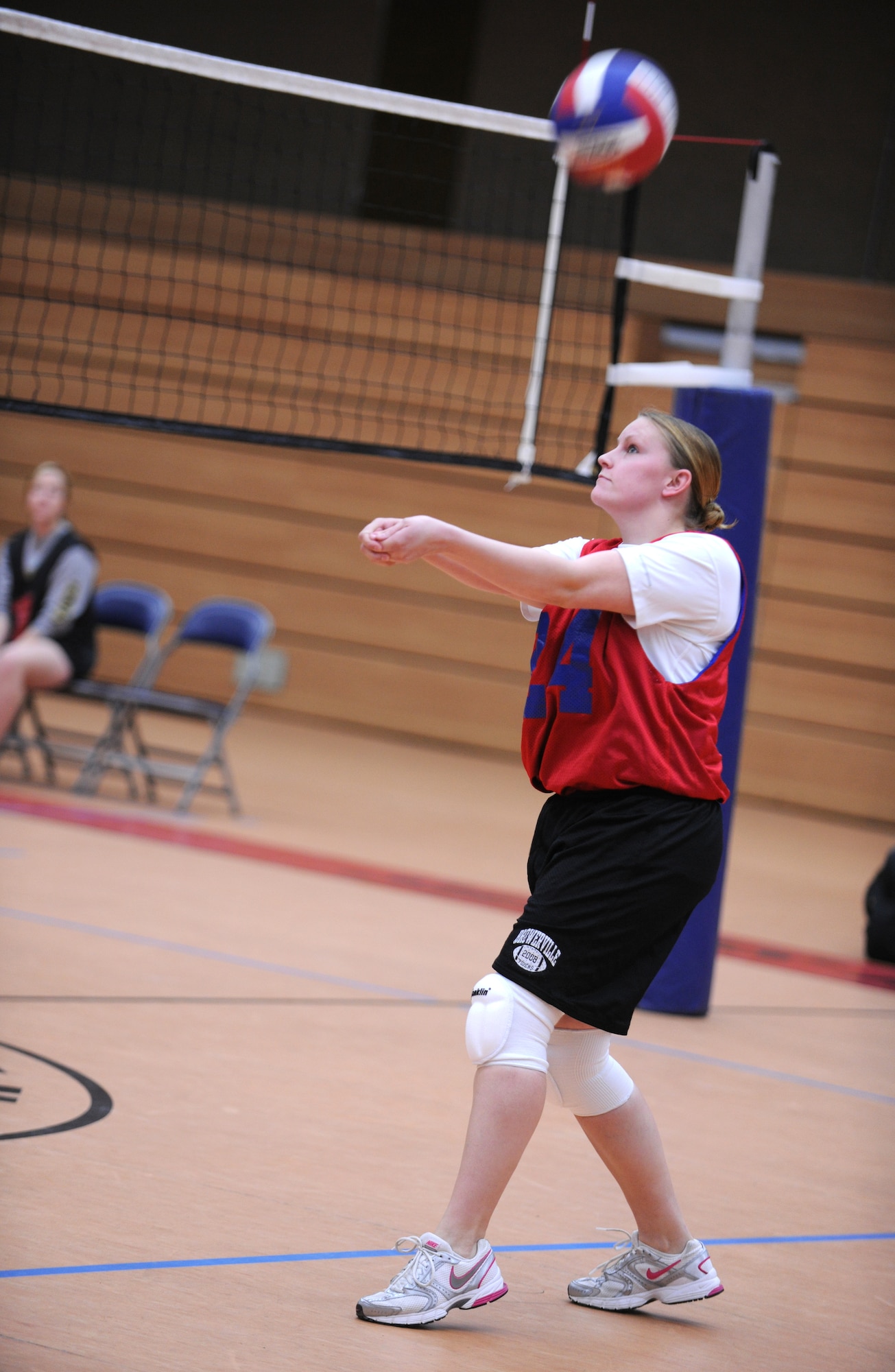 SPANGDAHLEM AIR BASE, Germany – Nicole DeBois, 52nd Equipment Maintenance Squadron, hits the ball during an intramural volleyball match here Feb. 28. EMS defeated the 52nd Fighter Wing Staff Agencies team during the first match of the season. EMS took the first game 25-23 and the second game 25-14.  (U.S. Air Force photo/Senior Airman Nathanael Callon)