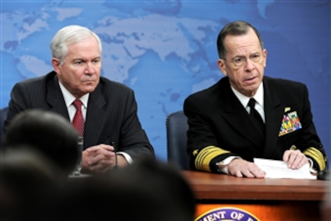 Chairman of the Joint Chiefs of Staff Adm. Mike Mullen speaks about his recent trip to the Middle East during a press conference with Secretary of Defense Robert M. Gates in the Pentagon on March 1, 2011.  