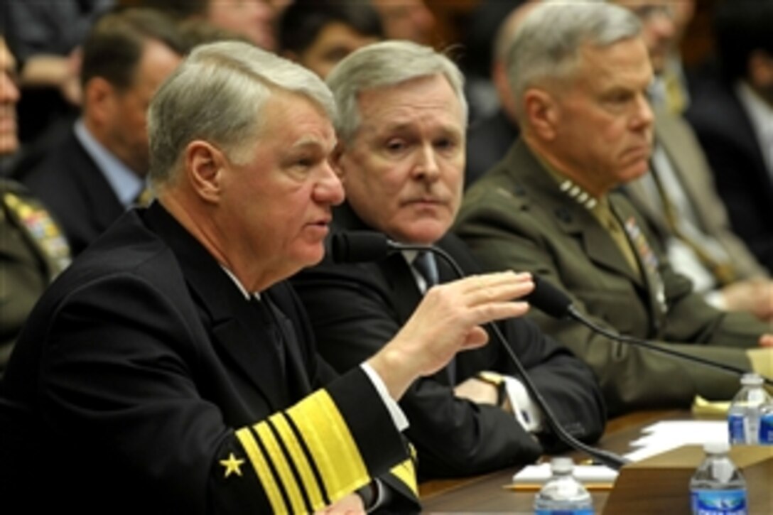 Left to right, Navy Adm. Gary Roughead, chief of Naval Operations; Navy Secretary Ray Mabus; and Marine Corps Commandant Gen. James F. Amos testify before the House Armed Services Committee on the fiscal year 2012 defense budget request in Washington, D.C., March 1, 2011.