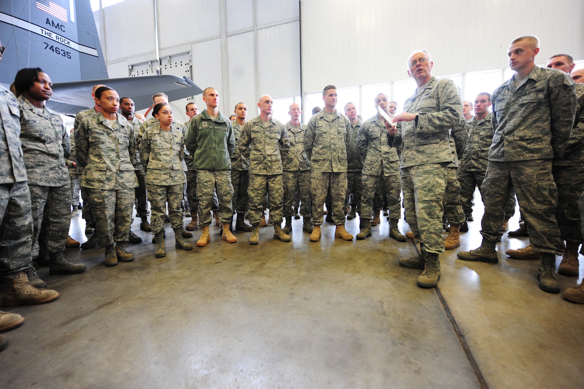 Lt. Gen. Robert R. Allardice, 18th Air Force commander, talks to the frontline supervisors Feb. 23, 2011, at Little Rock Force Base, Ark. General Allardice toured Little Rock Air Force Base to speak with members of Team Little Rock and see the mission first hand. (Photo by U.S. Air Force Senior Airman Jim Araos)