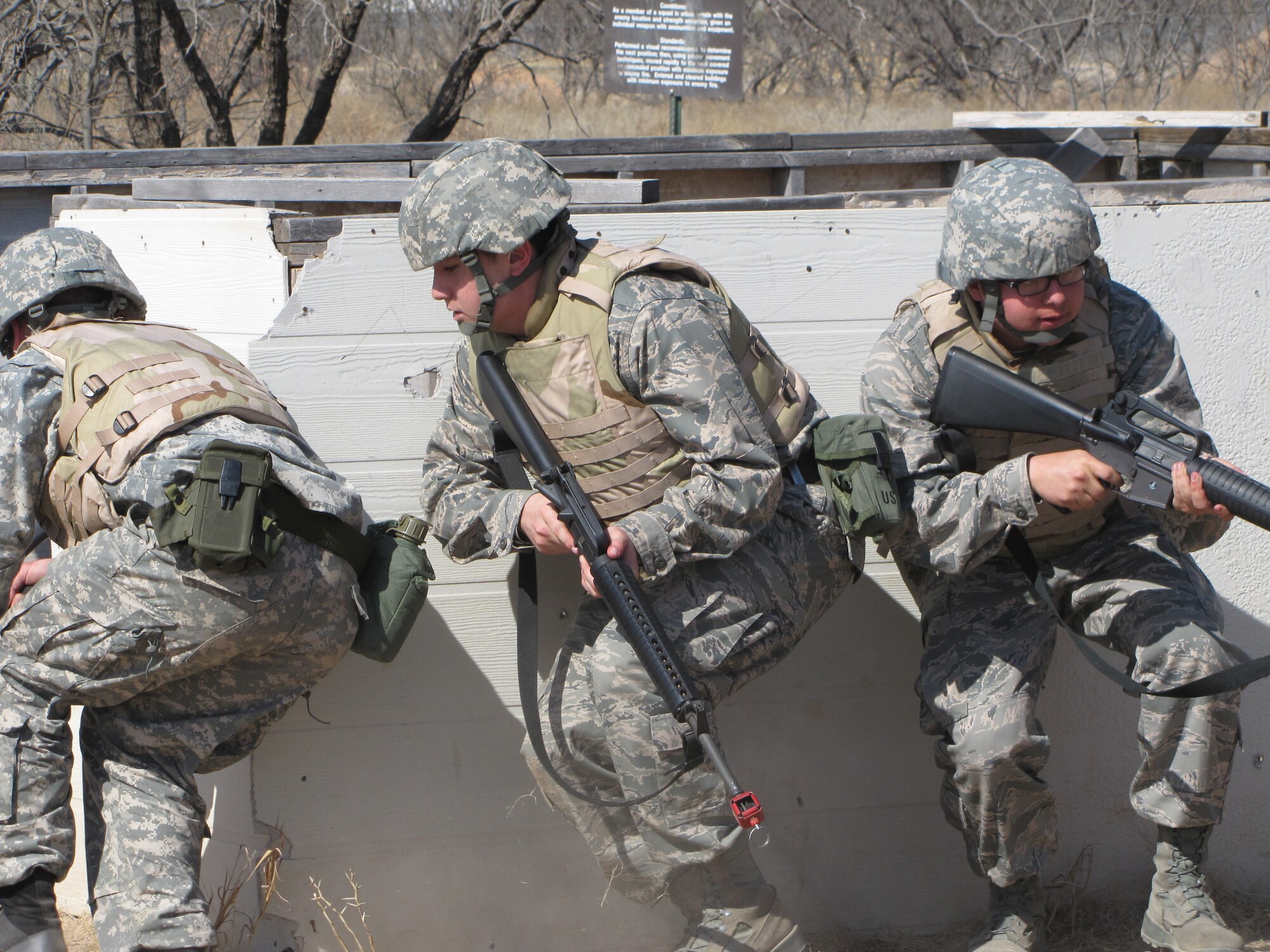 GOODFELLOW AIR FORCE BASE, Texas - Cadets from the Air Force Reserve Officer Training Corps, Angelo State University, receive training on how to clear a building Feb. 26, at the Forward Operating Base Camp Sentinel. This was part of a two day training session designed to teach them what military life entails. (Courtesy photo)