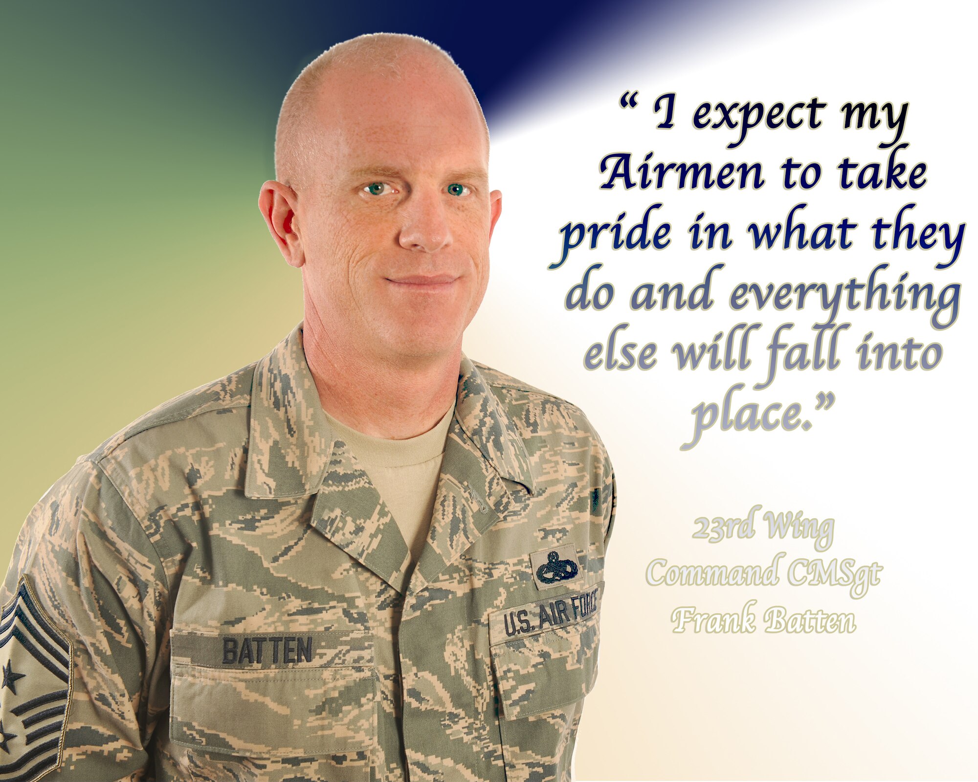 MOODY AIR FORCE BASE, Ga.-- Chief Master Sgt. Frank Batten, 23rd Wing command chief, is eager to meet the Airmen around base and take on his new role as command chief for the 23rd WG, replacing Chief Master Sgt. Richard Parsons who is now the command chief for Air Force Central. Chief Batten had the chance to meet some of the Airmen from the 347th Rescue Group while deployed and looks forward to serving with the Airmen around Moody. (U.S. Air Force photo/Airman 1st Class Joshua Green)(RELEASED)
