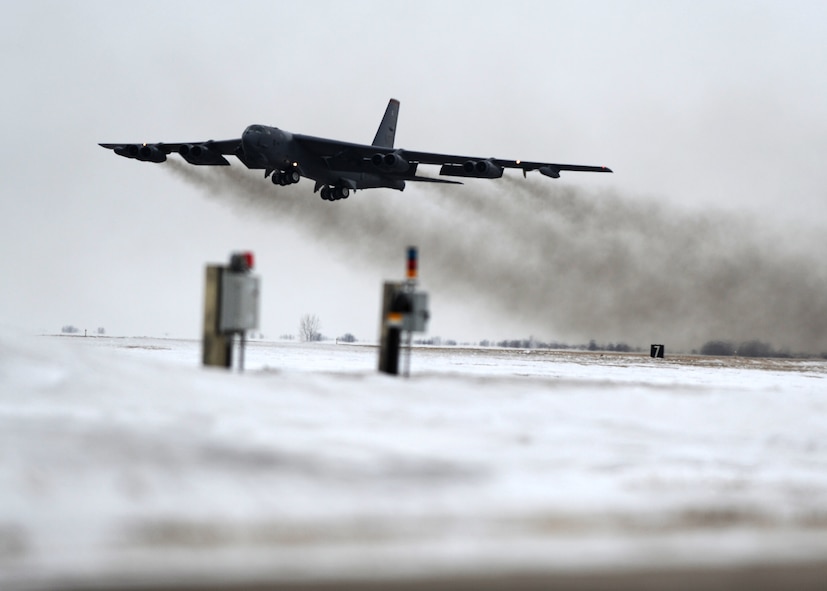 MINOT AIR FORCE BASE, N.D. -- A B-52H Stratofortress, takes off as part of a recent operation readiness exercise, here Mar. 2. Exercises like these are conducted to ensure Team Minot operates in a safe, secure, and reliable manner. (U.S. Air Force photo/Senior Airman Michael J. Veloz)