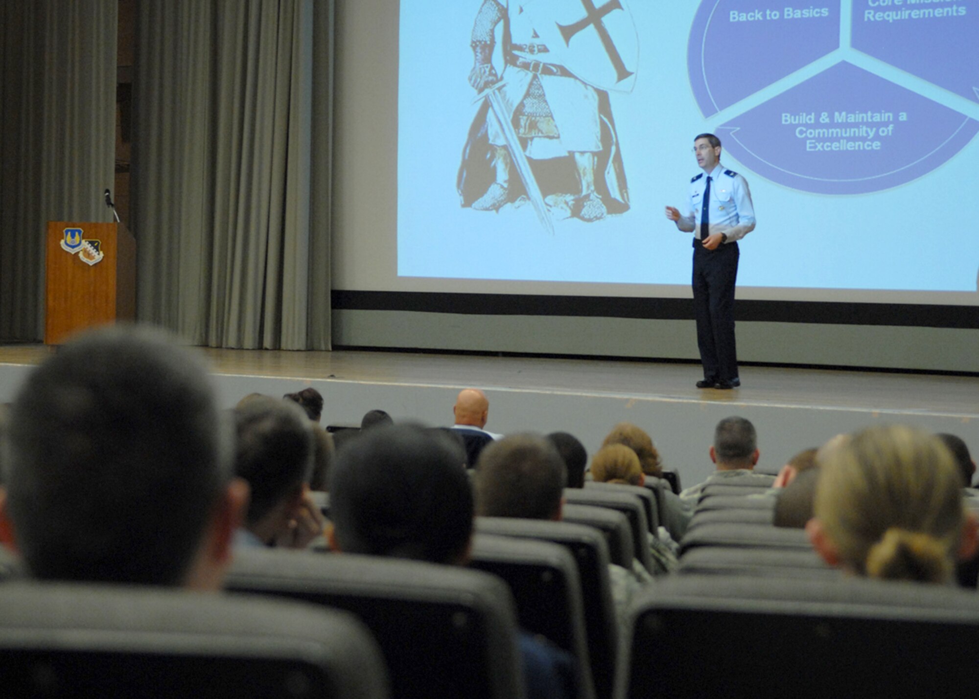 Col. Gregory Schwab, 95th Air Base Wing commander, kicks off Wingman Half Day with a briefing in the Base Theater Feb. 28. During his briefing, Colonel Schwab explained the Air Force Material Command’s concept of back to basics, he also talked about what a wingman is and explained that we all have a wingman. (Air Force photo by Senior Airman William A. O’Brien)