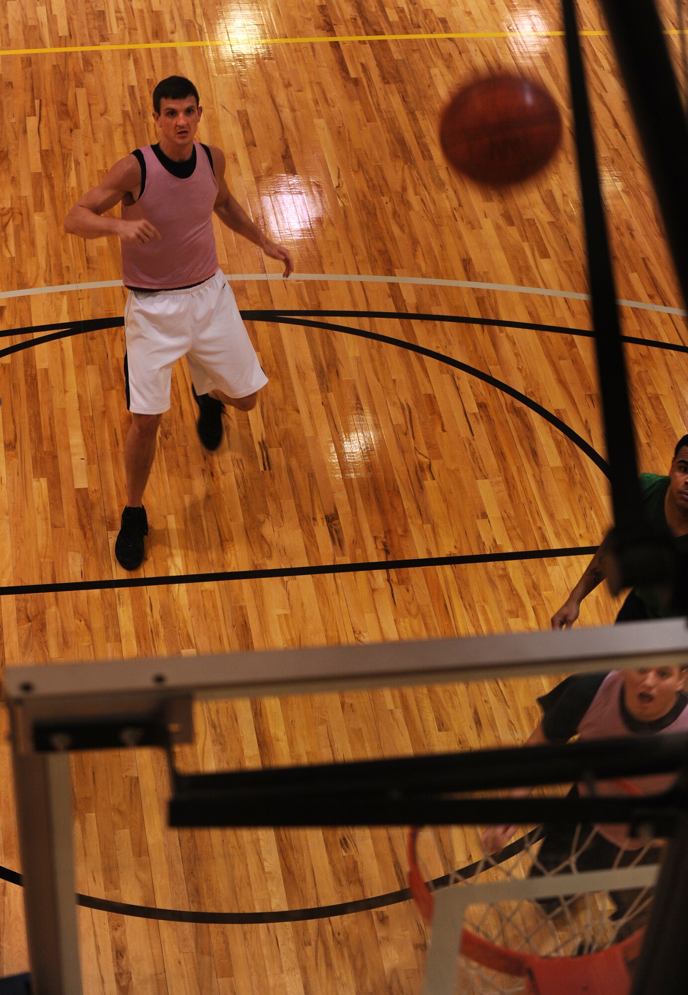 MOODY AIR FORCE BASE, Ga. -- Anthony Darby, 23rd Medical Group team member, attempts a foul shot during an intramural basketball game Mar. 1. Darby made the free throw after being fouled on a play in which he still scored. (U.S. Air Force photo/Airman 1st Class Douglas Ellis)(RELEASED)

