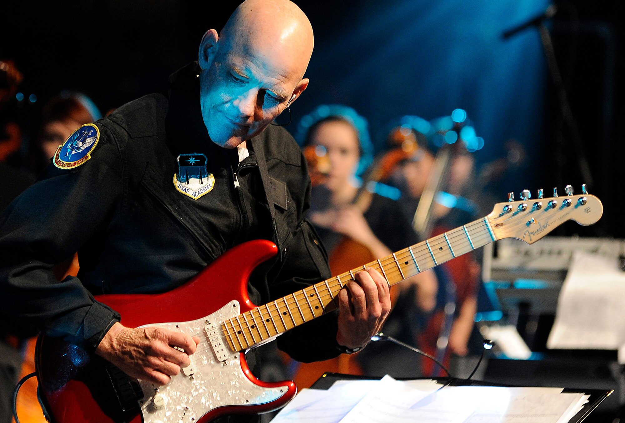 Retired Master Sgt. Wayne Wilkinson performs alongside the Air Force Academy Band's Blue Steel ensemble and youth orchestras from Colorado Springs, Colo., and Pasadena, Calif., during a concert at the Academy's Arnold Hall Theater Feb. 20, 2011. Sergeant Wilkinson performed with both the Academy Band and the Air Force Band in Washington, D.C., before retiring. He now lives in Colorado Springs. (U.S. Air Force photo/Megan Davis)