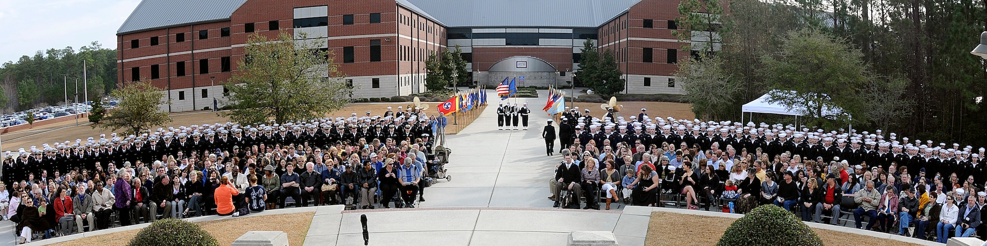 More than 400 Sailors fall into formation for the Navy Nuclear Power Training Command graduation ceremony at Joint Base Charleston-Weapons Station, Feb. 25.  (U.S. Navy photo/Machinist’s Mate 3rd Class Brannon Deugan)