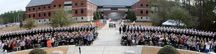 More than 400 Sailors fall into formation for the Navy Nuclear Power Training Command graduation ceremony at Joint Base Charleston-Weapons Station, Feb. 25.  (U.S. Navy photo/Machinist’s Mate 3rd Class Brannon Deugan)