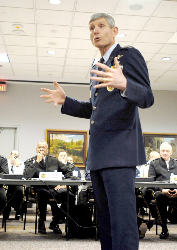 Air Force Chief of Staff Gen. Norton Schwartz addresses the National Guard's top officers and enlisted leaders Feb. 28, 2011, during the 2011 General Senior Leadership Conference at in Arlington, Va. (U.S. Army photo/Sgt. Darron Salzer)