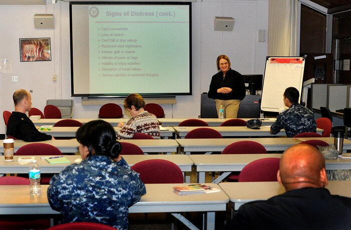 Naval Personnel Command Suicide Prevention Outreach Coordinator, Cmdr. Linda Beede, talks to Joint Base Charleston – Weapons Station Suicide Prevention Coordinators at the Fleet and Family Readiness Center on JB CHS – WS, Feb. 24. The training, sponsored by Navy Personnel Command and Commander Navy Region Southeast, was geared toward increasing suicide awareness throughout local commands and emphasized shipmates taking care of each other. (U.S. Navy photo/Mass Communication Specialist 1st Class Jennifer Hudson)